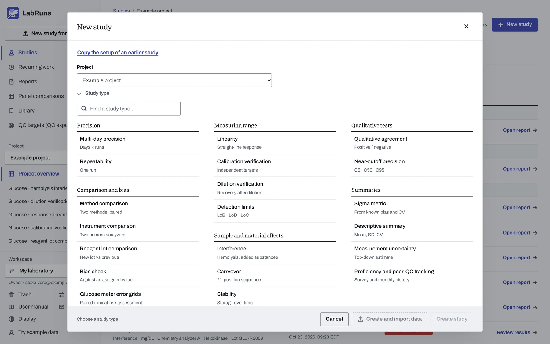 LabRuns New study dialog listing the study types by family: precision, comparison and bias, measuring range, and sample and material effects.