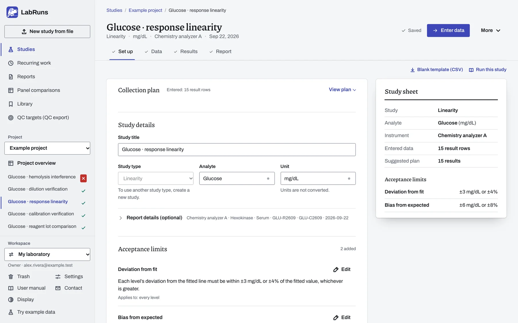 LabRuns Set up for glucose linearity: study details, the claimed reportable range of 2 to 600 mg/dL and the acceptance limits for deviation from fit and for bias.