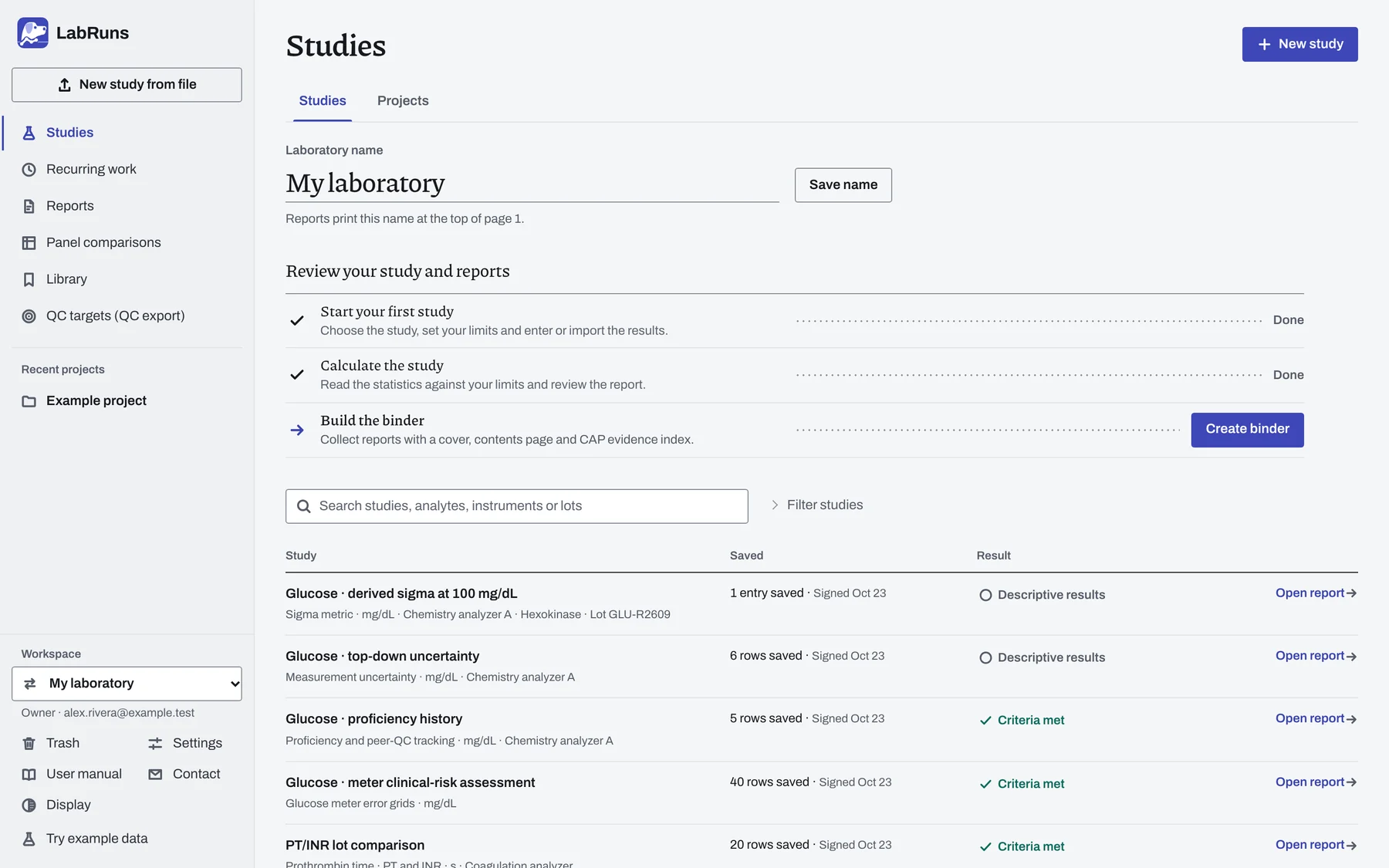 LabRuns Studies: each study with its analyte, analyzer, last save, result and signed report.