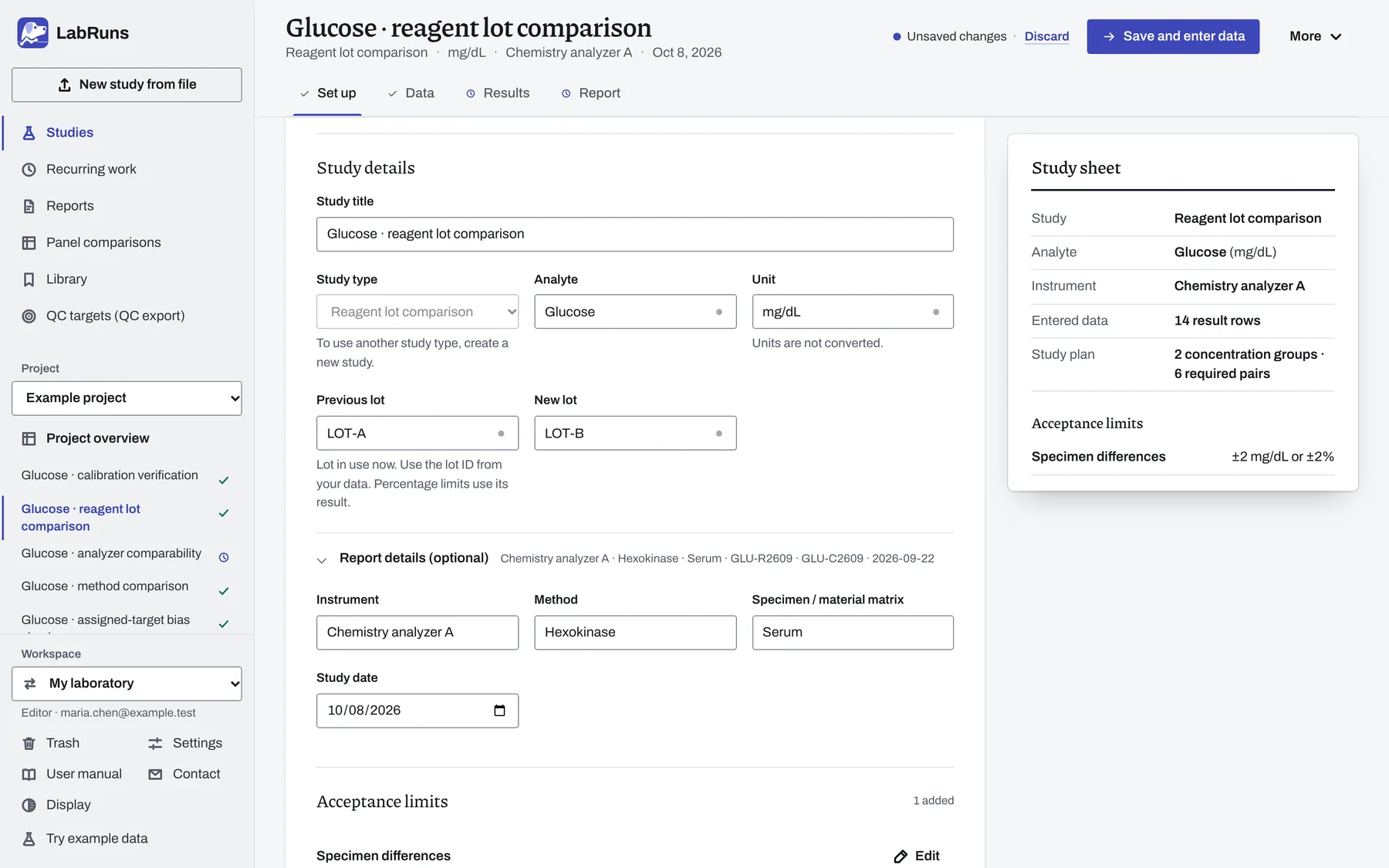 maria.chen@example.test, Editor, on Set up of the glucose reagent lot comparison, with the study date 2026-10-08 typed and not yet saved.