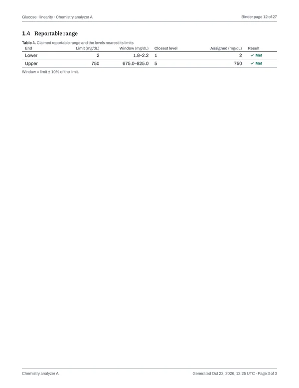 Page 12 of the binder: Glucose · linearity · Chemistry analyzer A, page 3 of 3: results, continued.