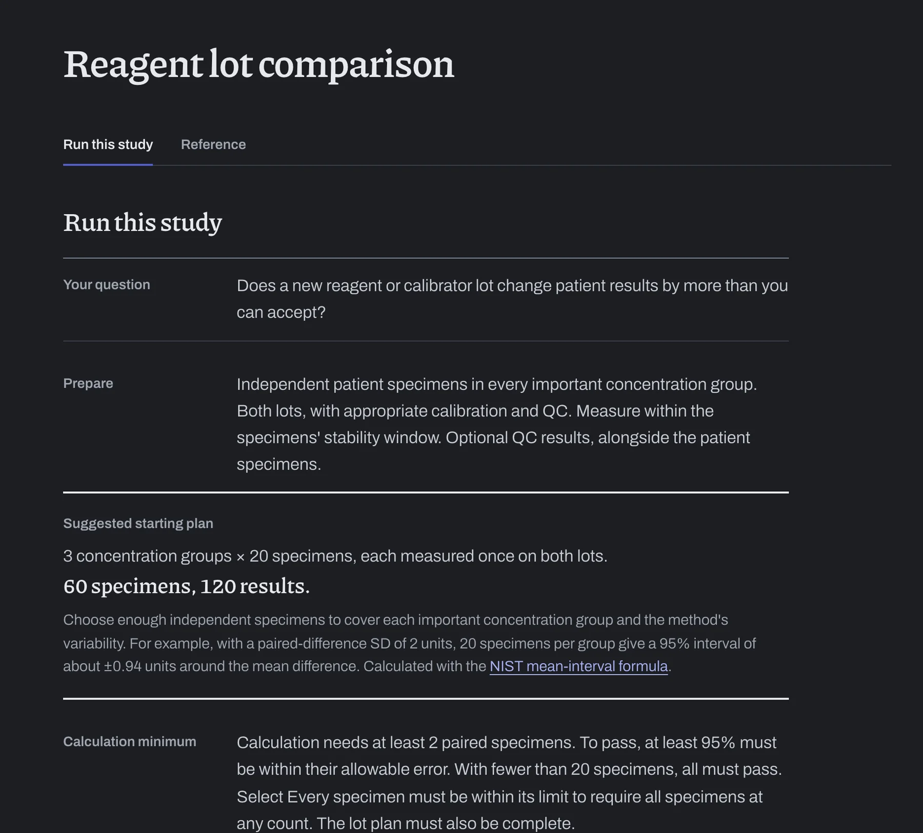 The manual’s reagent lot comparison page, opening on Run this study with what to prepare and the suggested starting plan