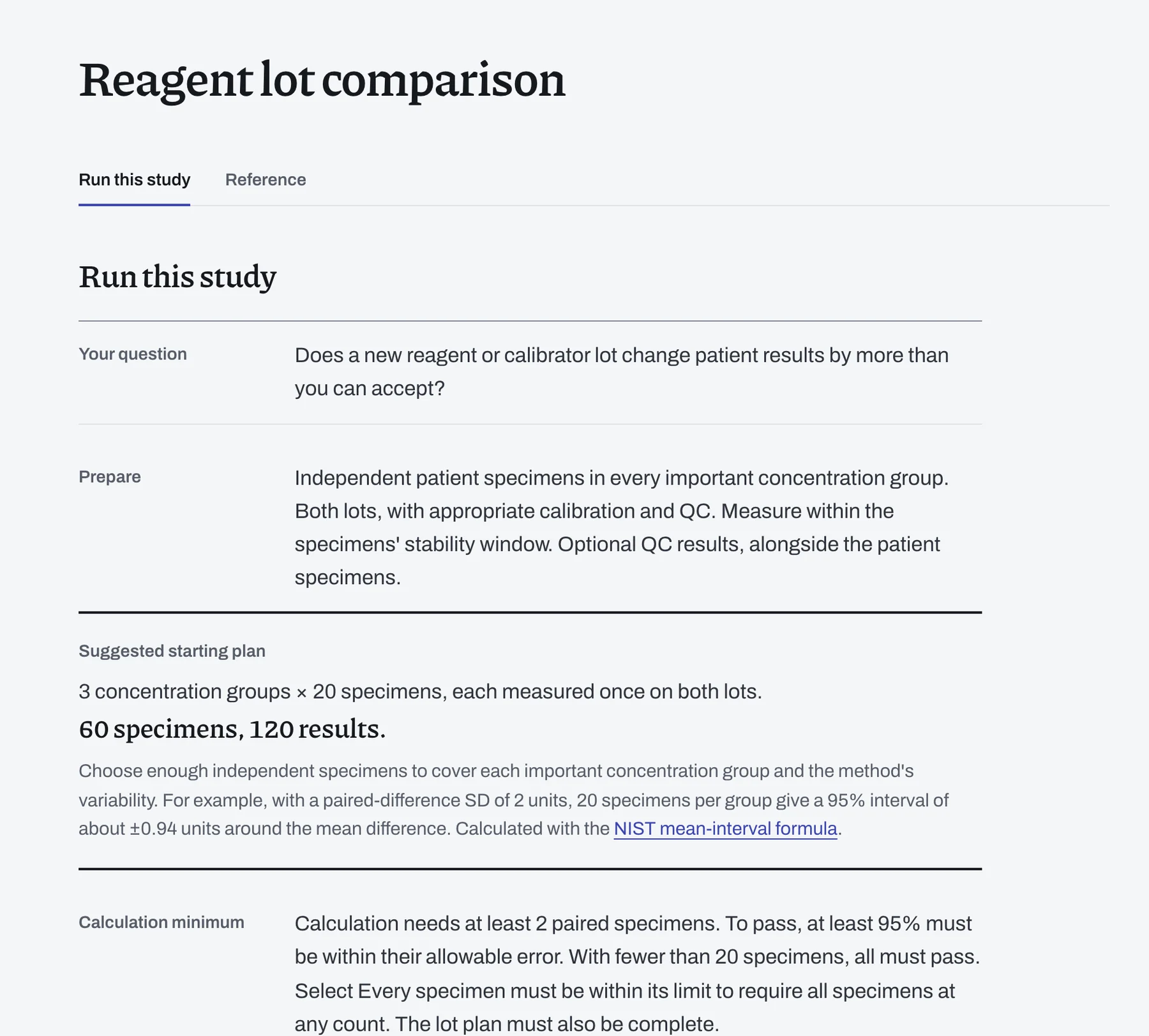 The manual’s reagent lot comparison page, opening on Run this study with what to prepare and the suggested starting plan