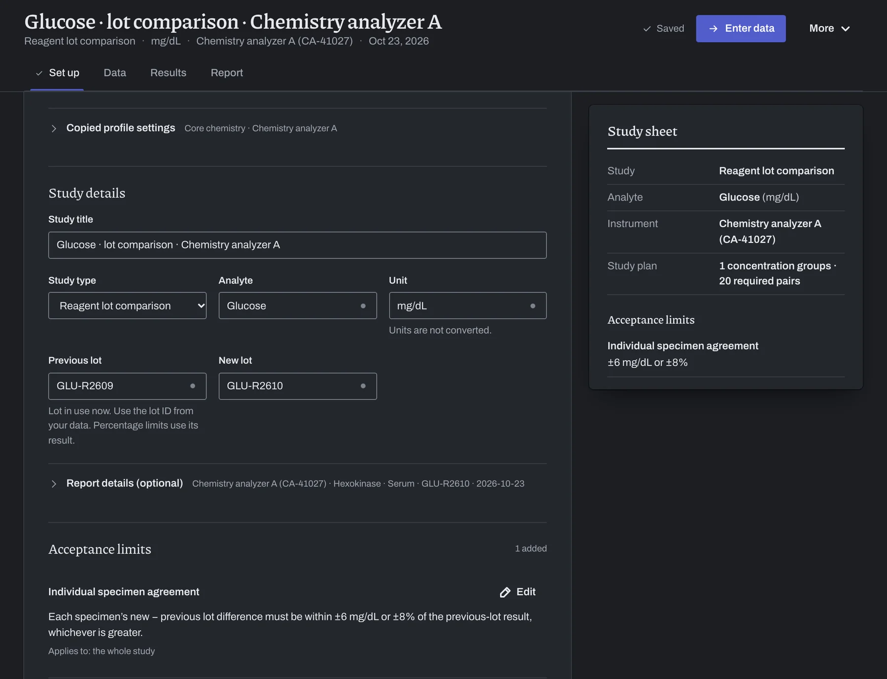 Study details and acceptance limits of the lot comparison, with both lots and the specimen limit filled in from the glucose profile