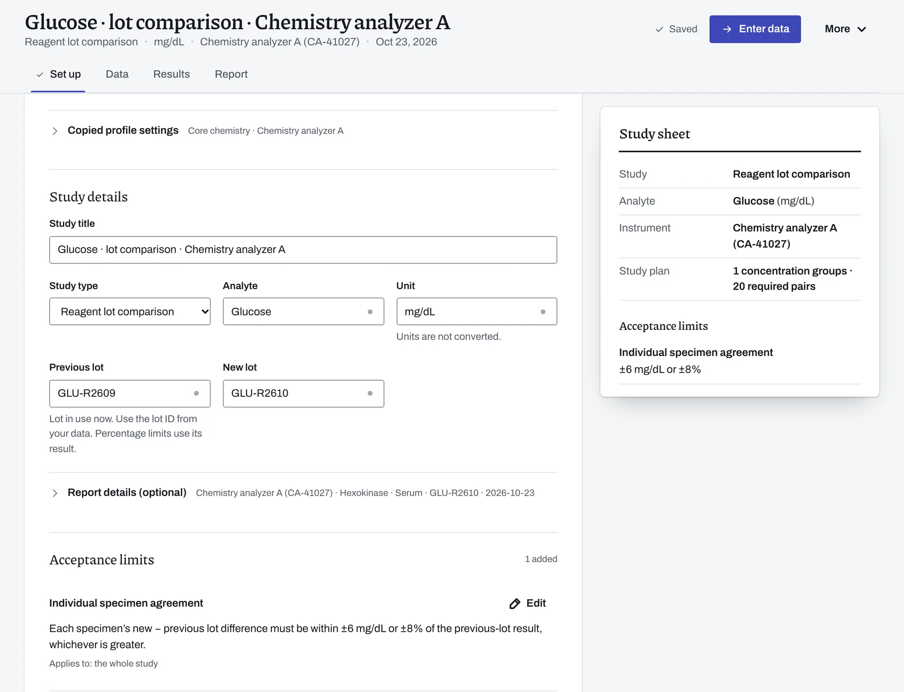Study details and acceptance limits of the lot comparison, with both lots and the specimen limit filled in from the glucose profile