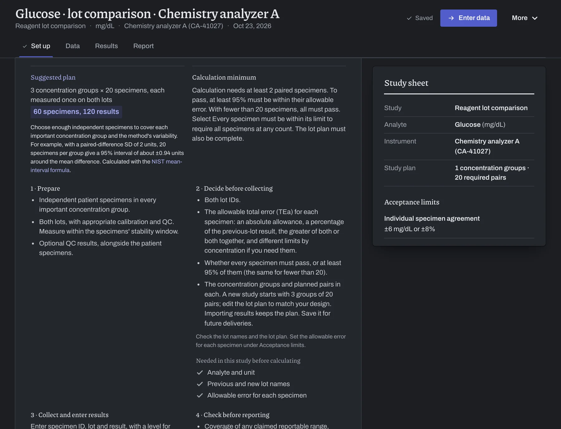 Set up of a glucose lot comparison with its suggested collection plan open and the study details filled in from the profile