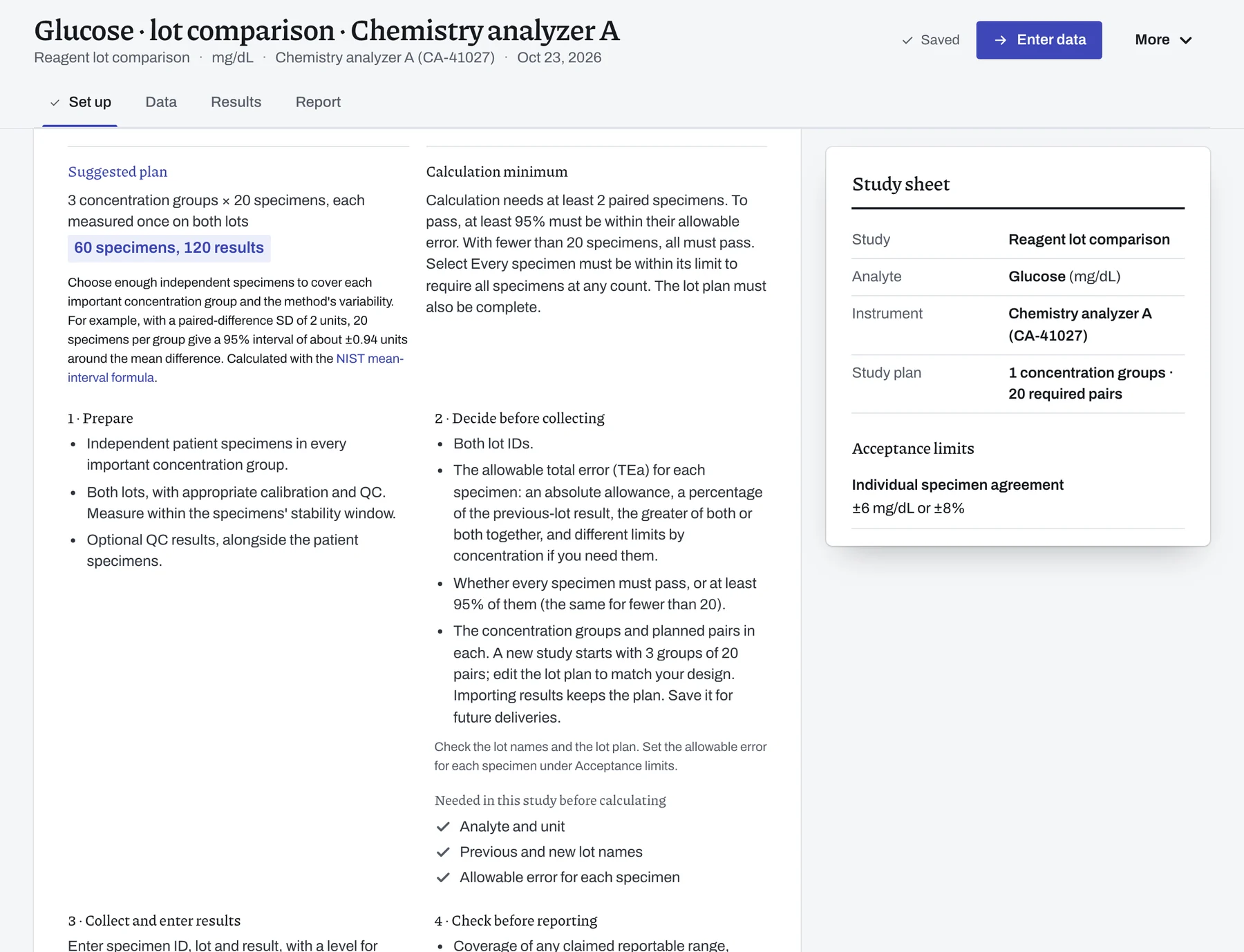 Set up of a glucose lot comparison with its suggested collection plan open and the study details filled in from the profile