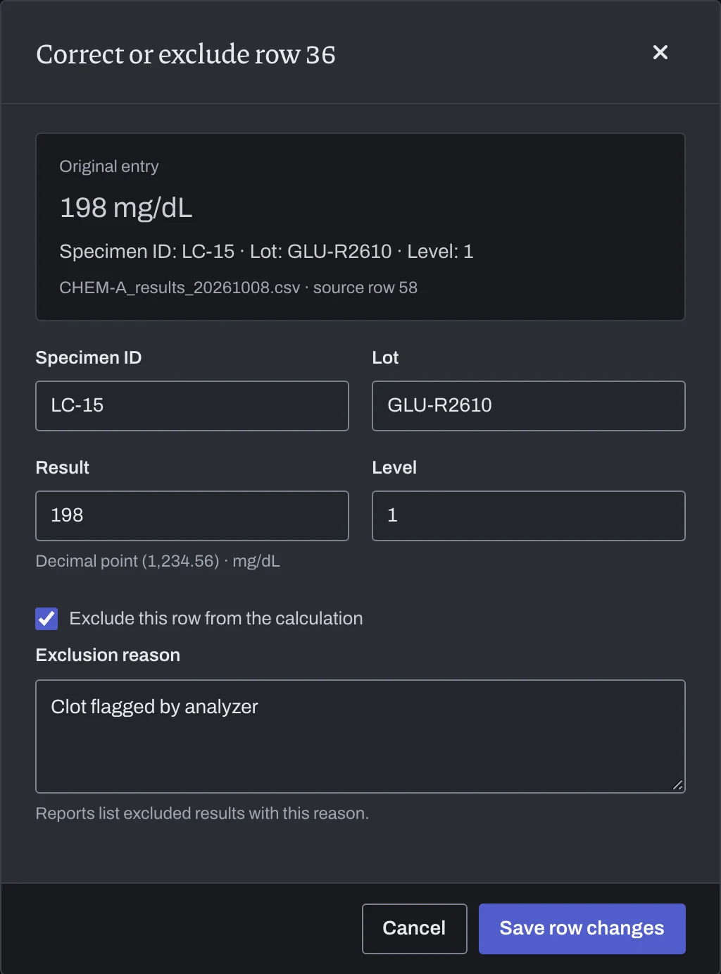 A clotted specimen excluded from the statistics with the reason “Clot flagged by analyzer”