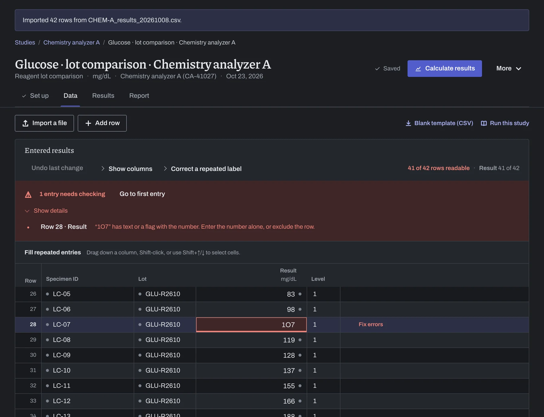 The Data grid after the import, with one result flagged for checking