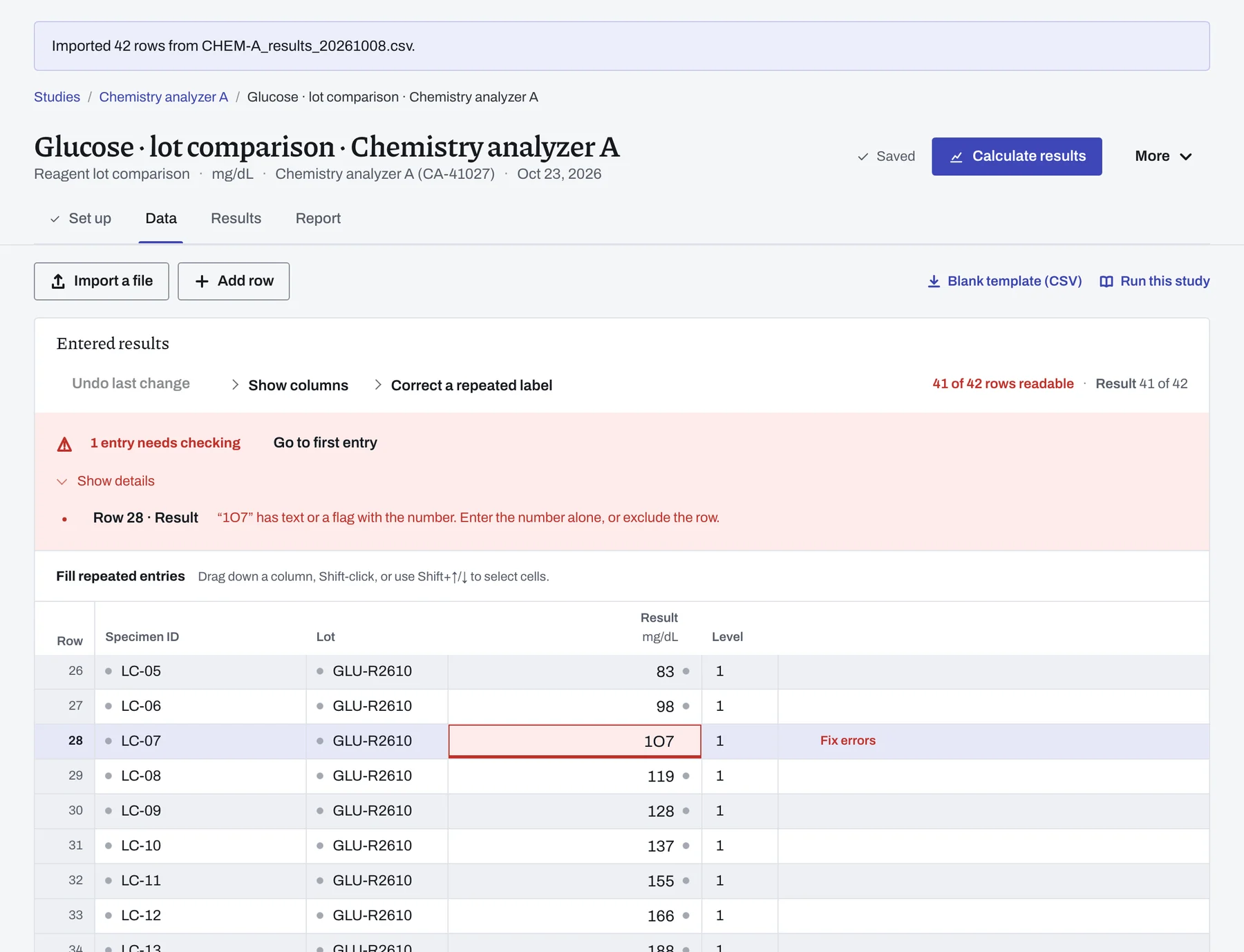 The Data grid after the import, with one result flagged for checking