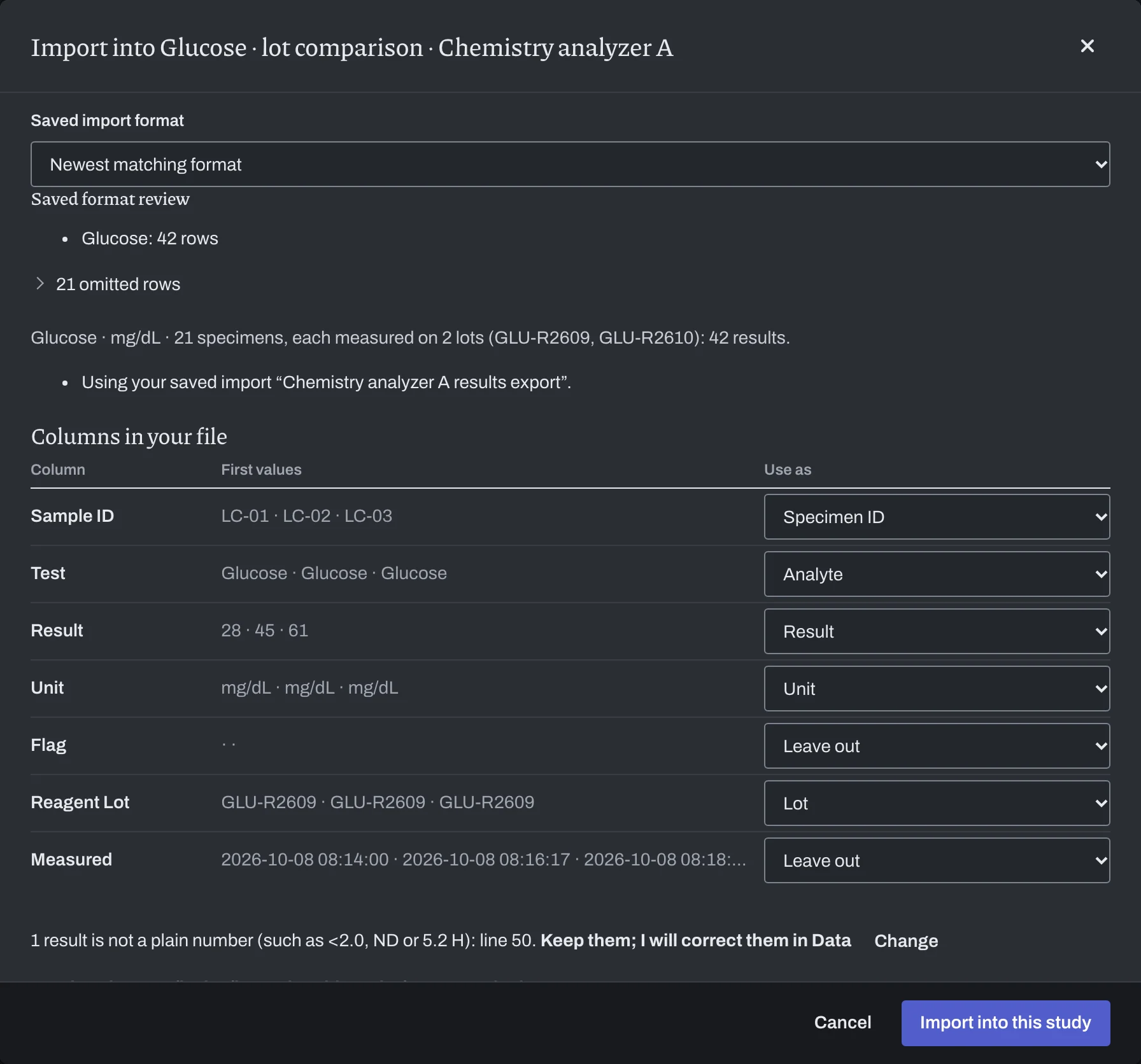 Import review for the analyzer export, read with the saved format “Chemistry analyzer A results export”: the column mapping, the glucose results to import and the serum-index rows left out