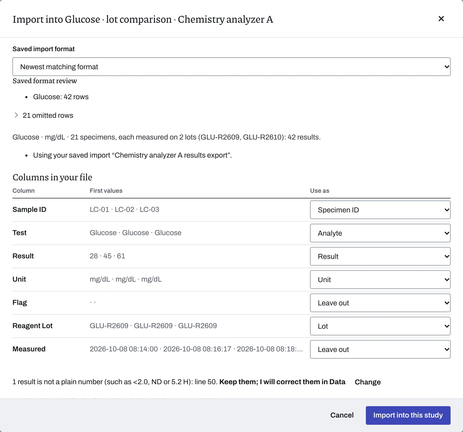 Import review for the analyzer export, read with the saved format “Chemistry analyzer A results export”: the column mapping, the glucose results to import and the serum-index rows left out