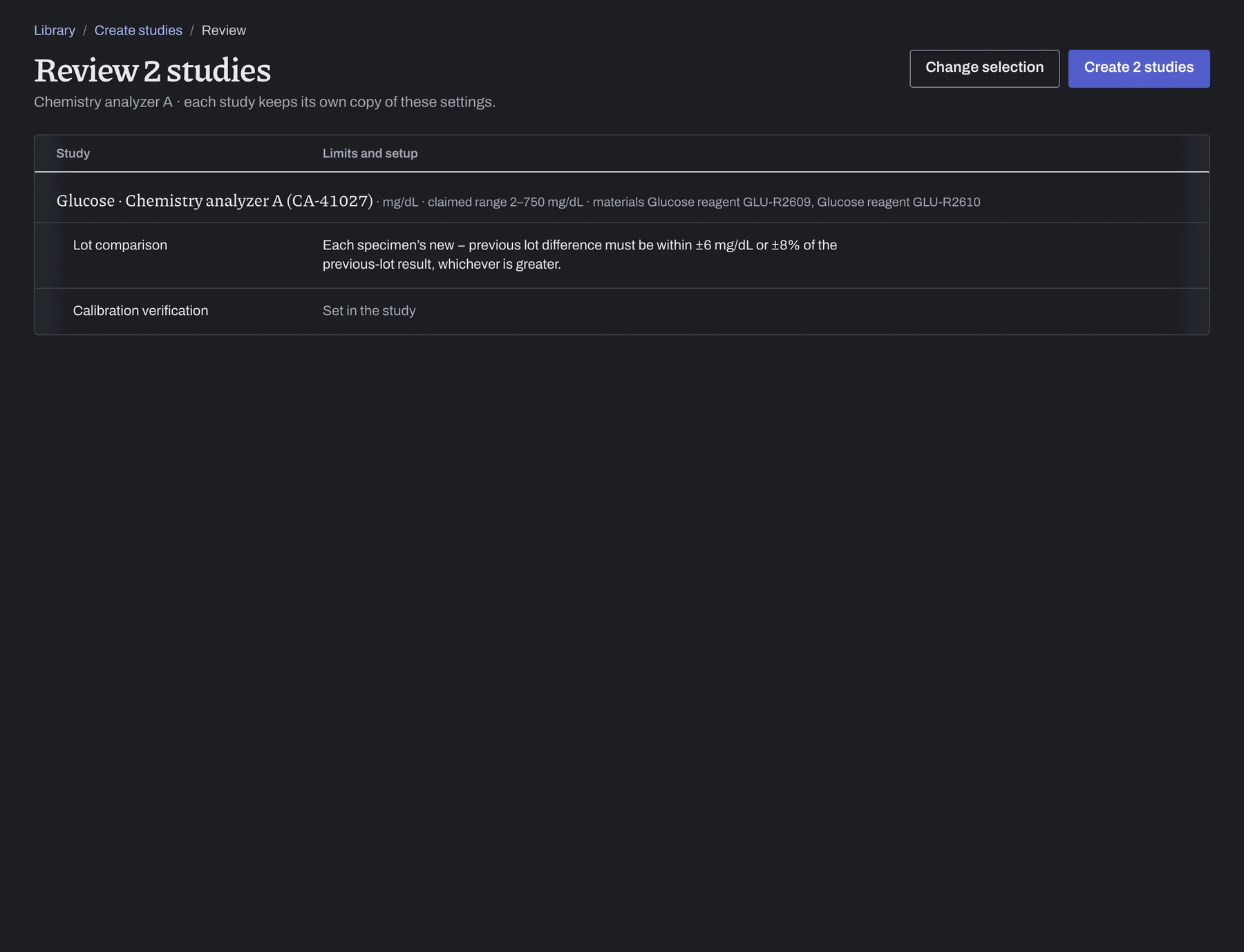 The studies a new reagent lot needs, reviewed before they are created from the analyzer profile
