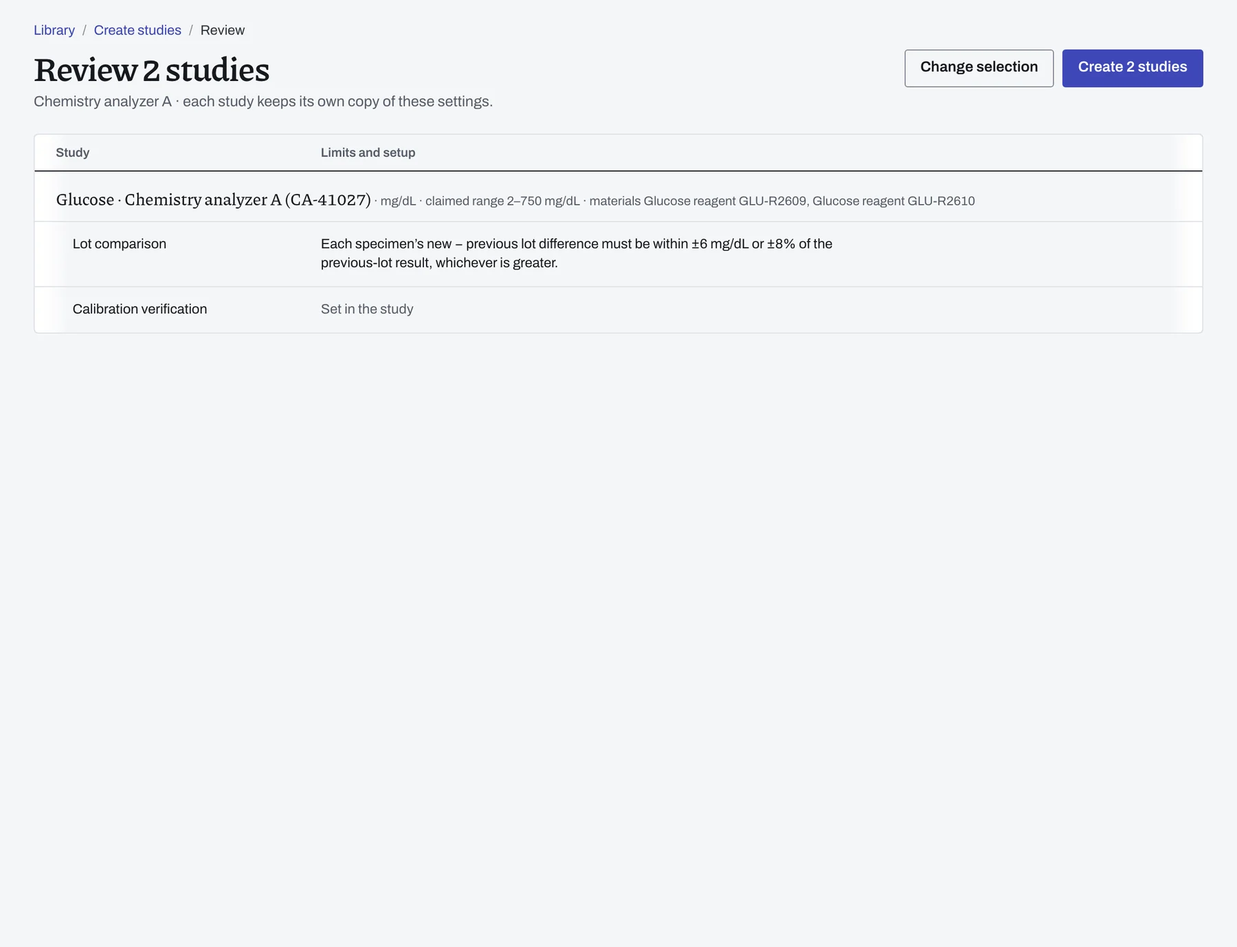 The studies a new reagent lot needs, reviewed before they are created from the analyzer profile