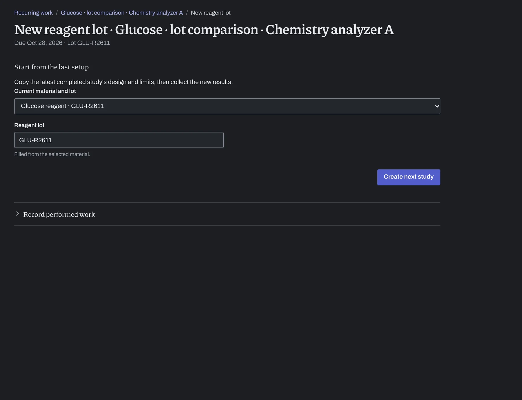 A new reagent lot event, with the next lot chosen from the Library and Create next study.