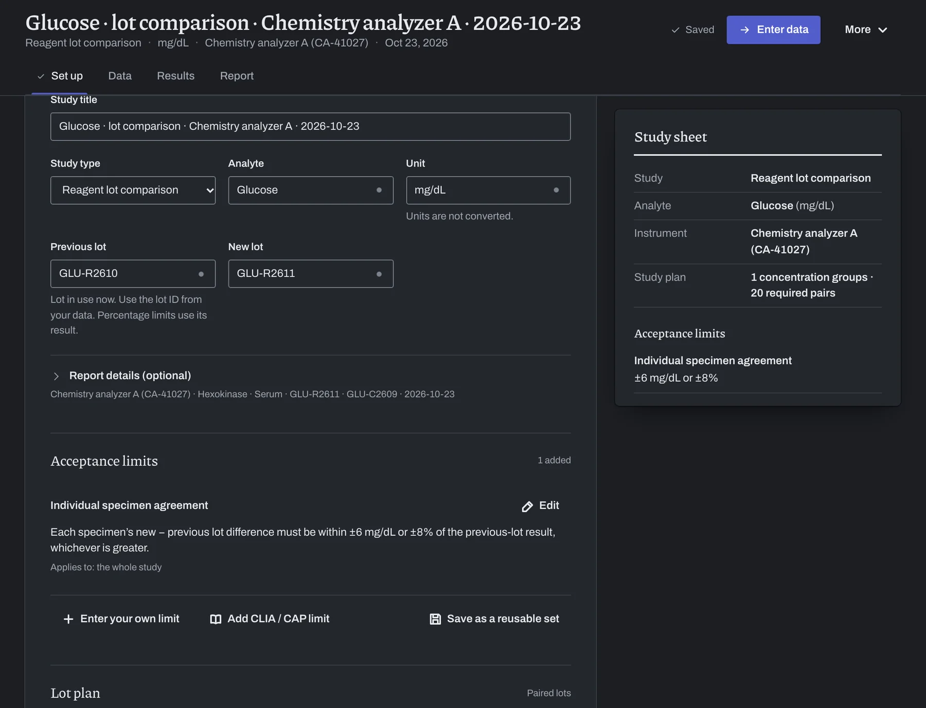 Set up of the next lot comparison, created from the event with the new lot and the last acceptance limit filled in.
