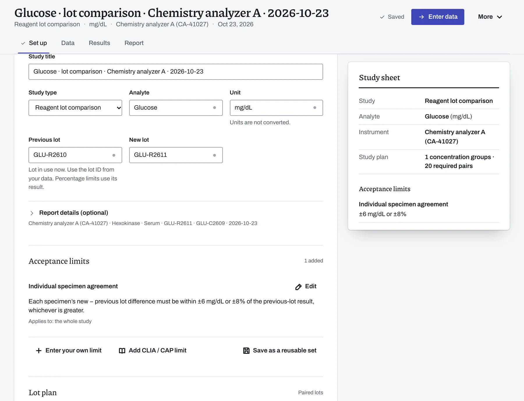 Set up of the next lot comparison, created from the event with the new lot and the last acceptance limit filled in.