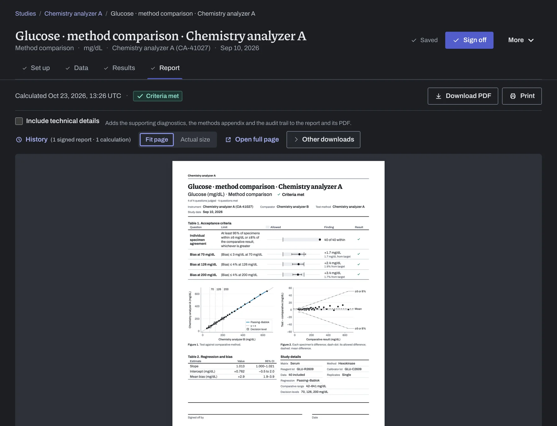 The Report stage with the new calculation ready to sign, beside Download PDF, Print and the study’s history.