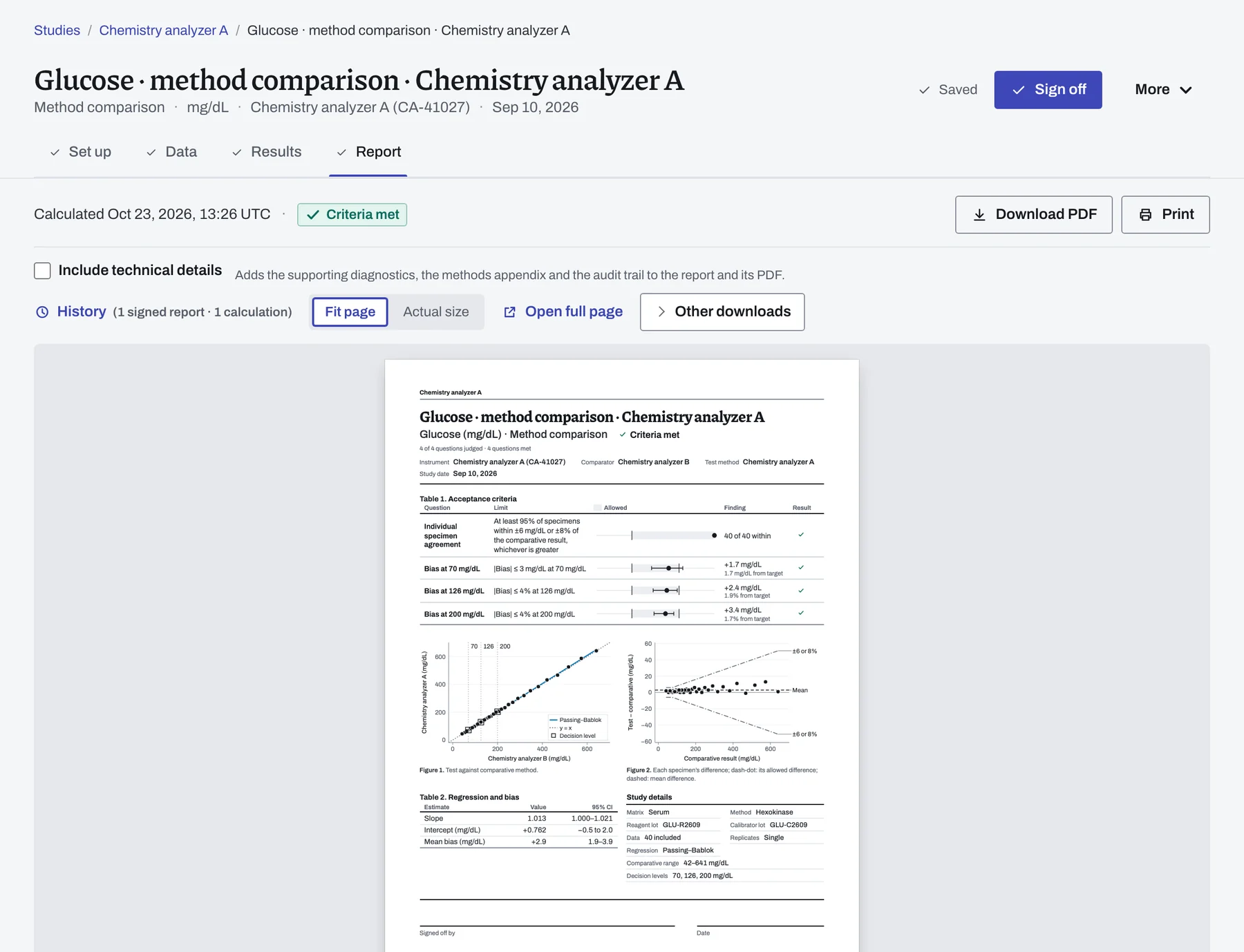 The Report stage with the new calculation ready to sign, beside Download PDF, Print and the study’s history.