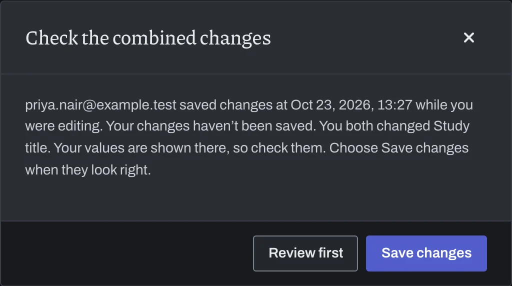 Check the combined changes on the owner’s screen, naming the study title as the value both colleagues changed, with Review first and Save changes