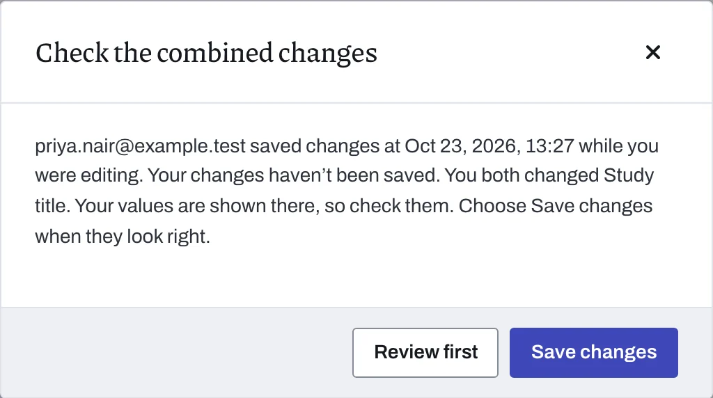 Check the combined changes on the owner’s screen, naming the study title as the value both colleagues changed, with Review first and Save changes