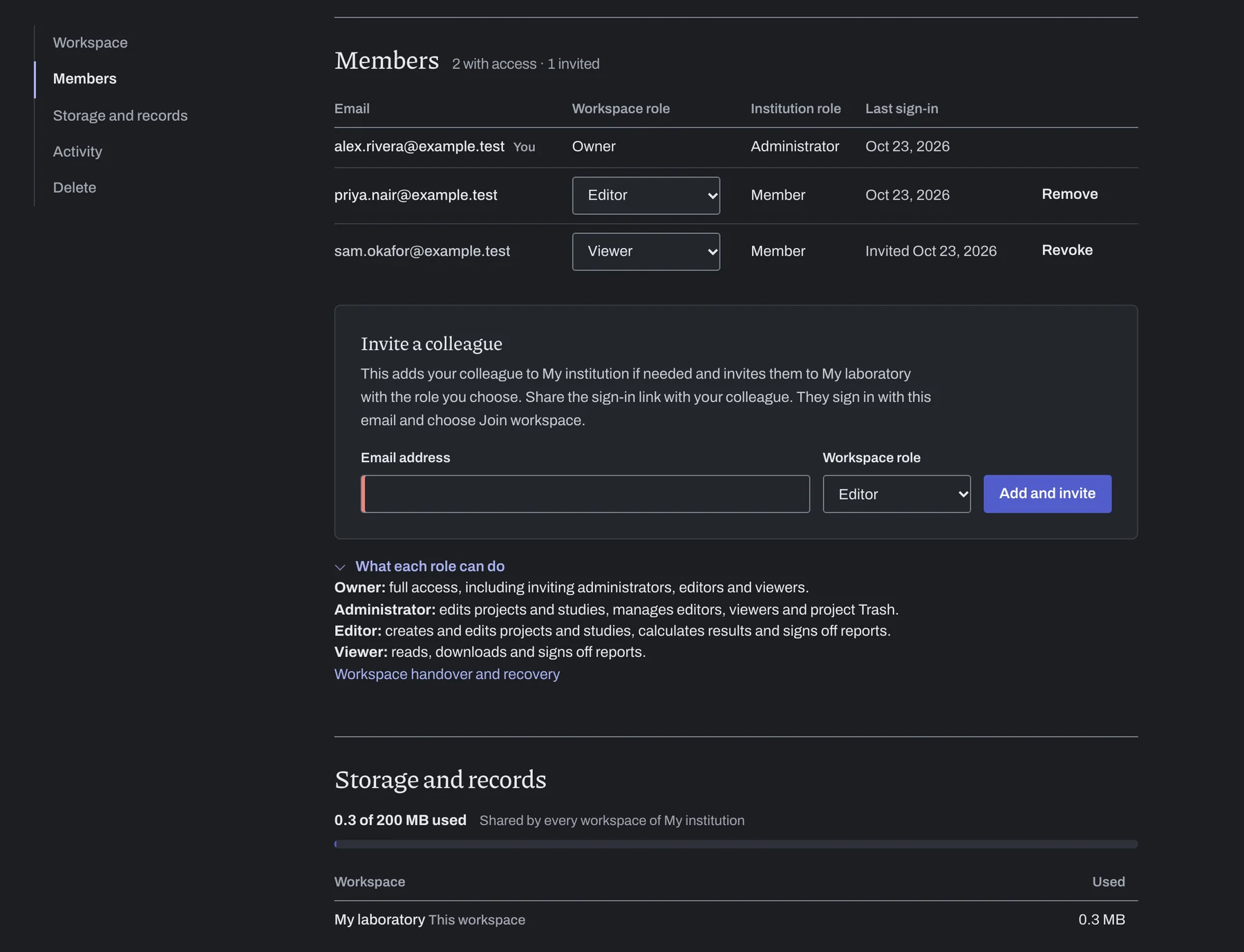 Settings, Members: the owner, an editor and a viewer, with what each role can do