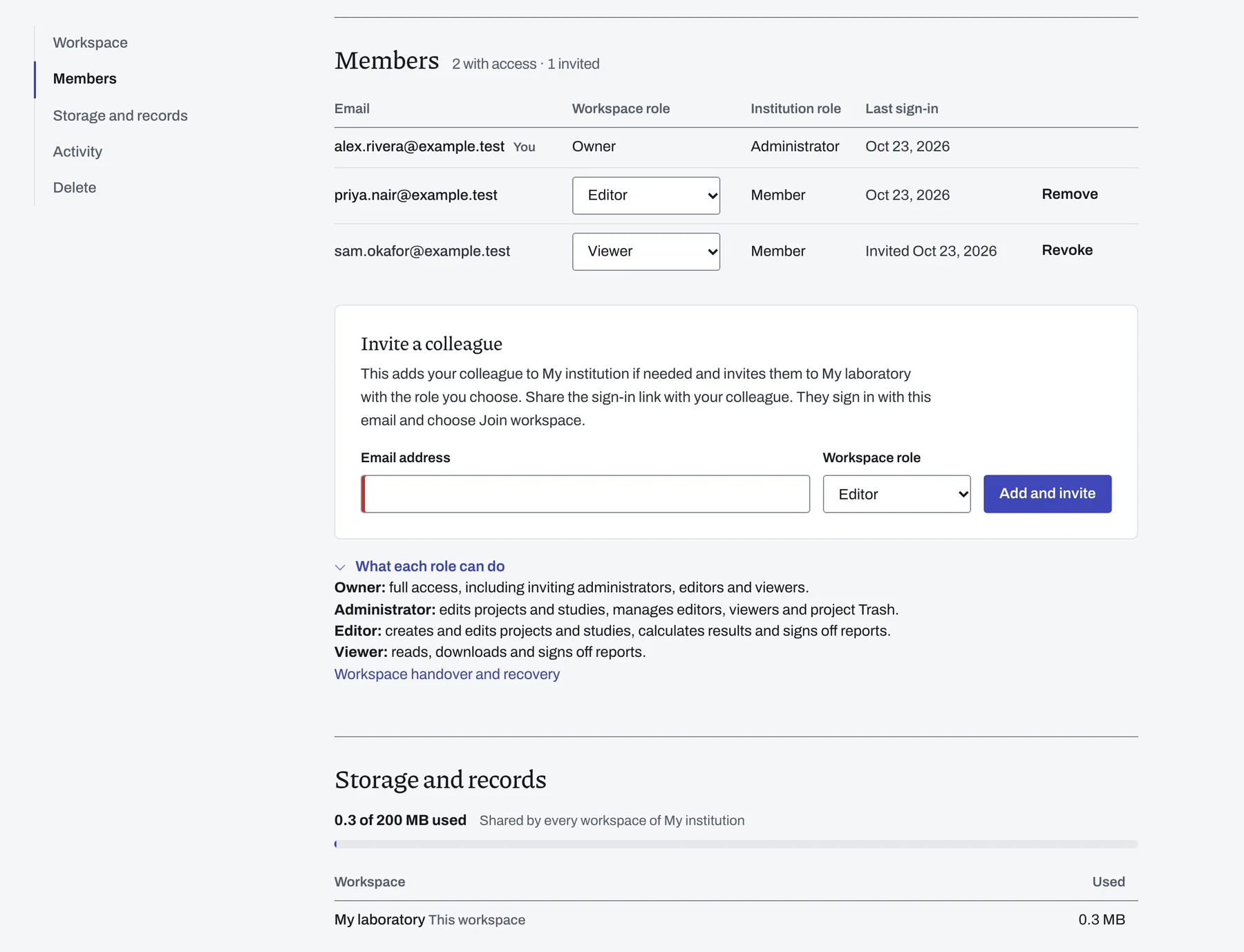 Settings, Members: the owner, an editor and a viewer, with what each role can do