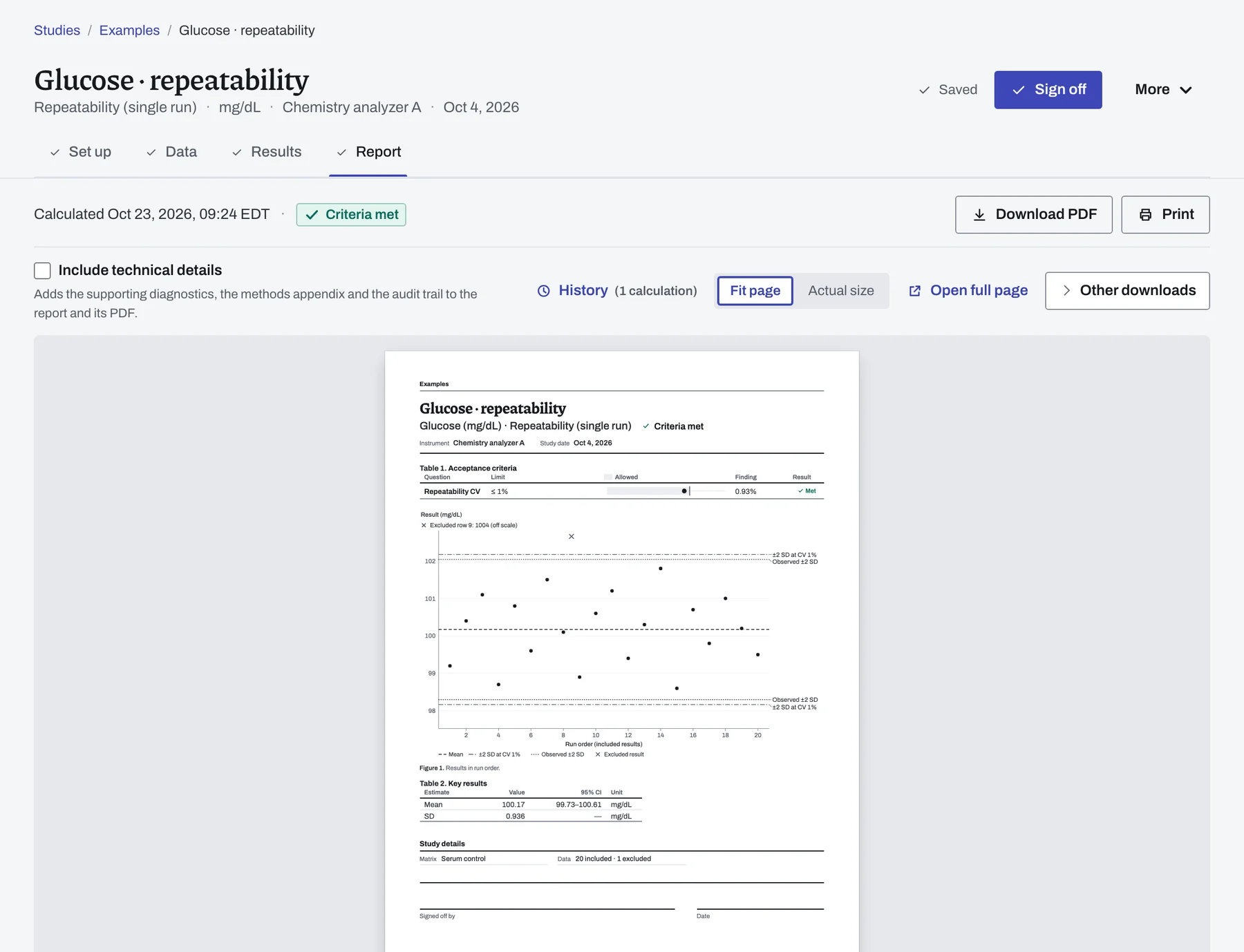 The Report stage for Glucose · repeatability: Download PDF, Print and Sign off above page 1 of the report.