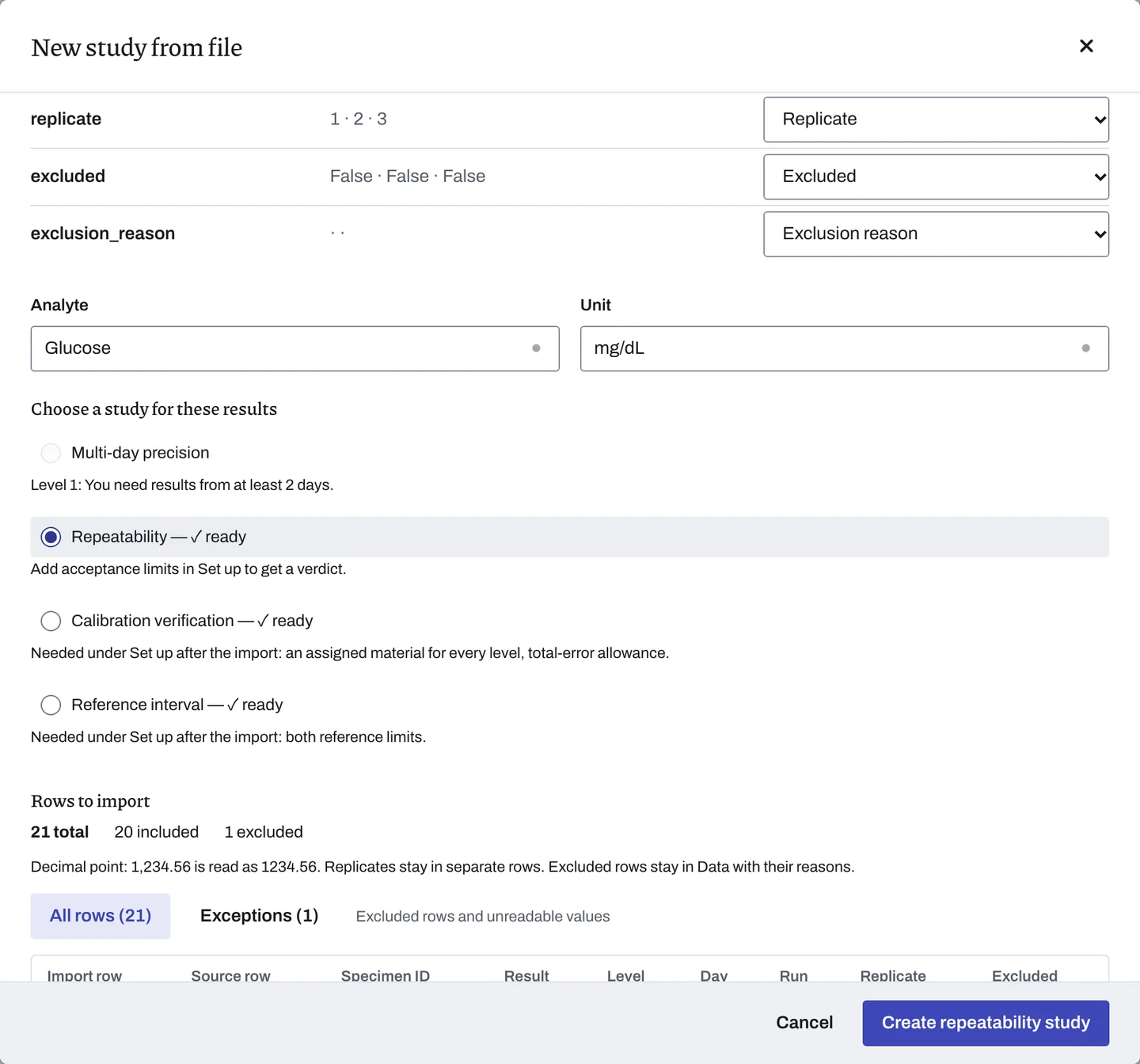 The New study from file dialog after reading repeatability.csv: Analyte Glucose and Unit mg/dL, Repeatability chosen under Choose a study for these results, the start of Rows to import and the Create repeatability study button.