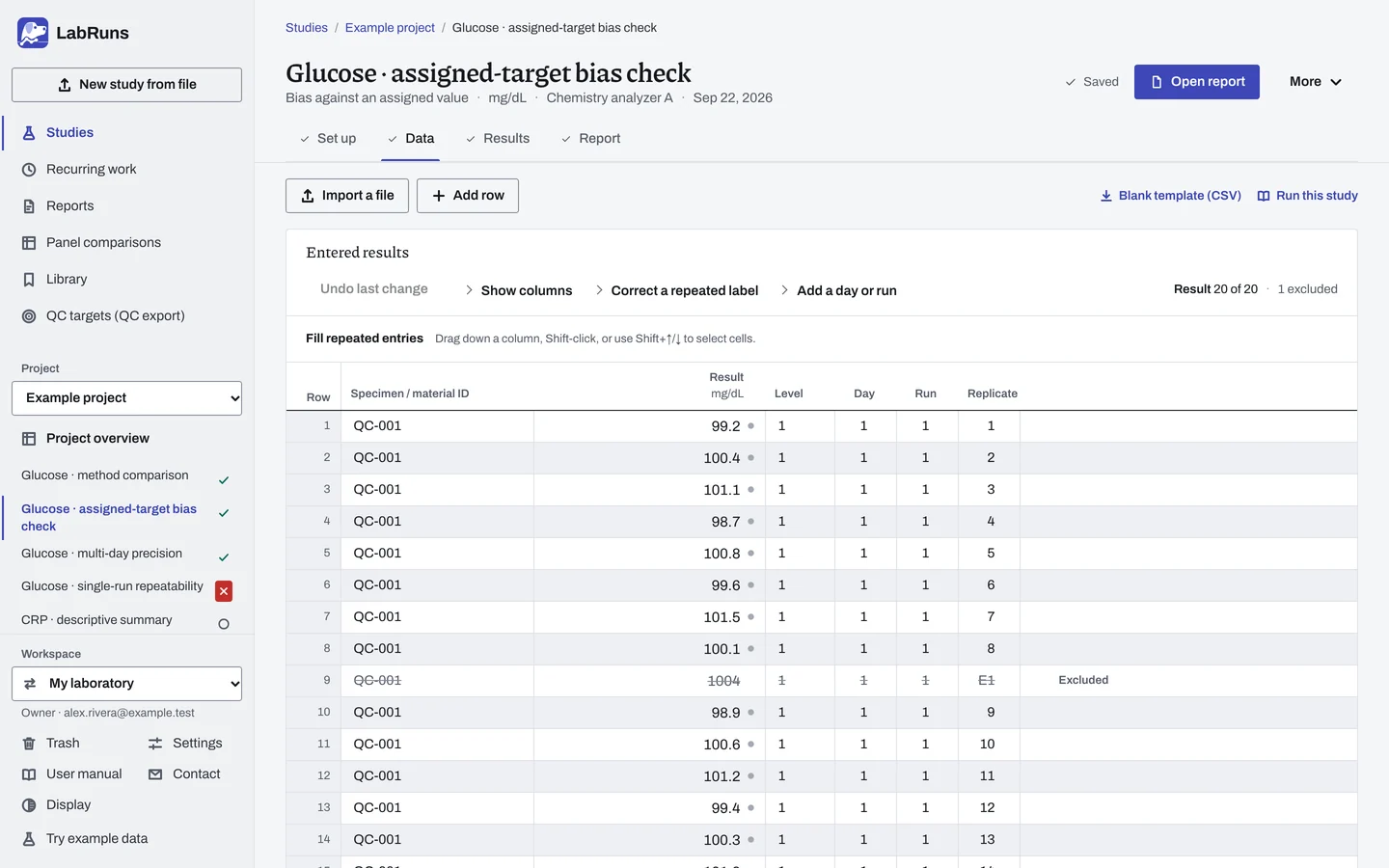 The Data stage of the example study Glucose · assigned-target bias check in LabRuns: the example results as entered.