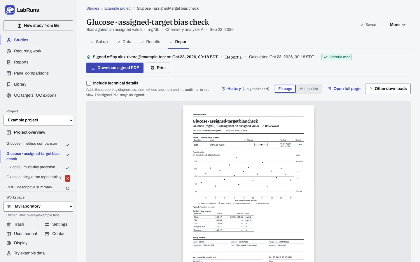 The Report stage of the example study Glucose · assigned-target bias check in LabRuns: page 1 of the study’s report.