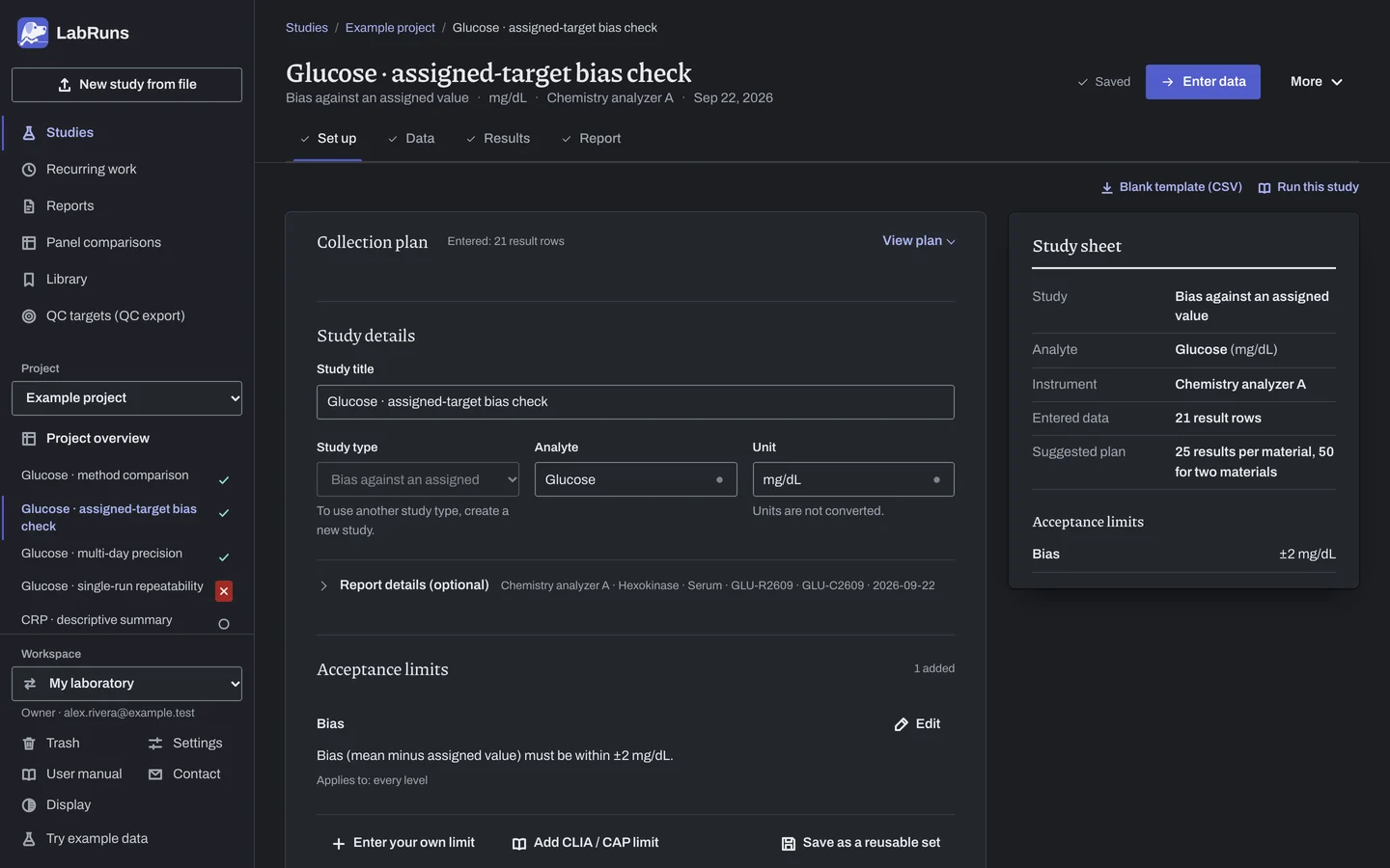 The Set up stage of the example study Glucose · assigned-target bias check in LabRuns: the study’s settings and acceptance limits.