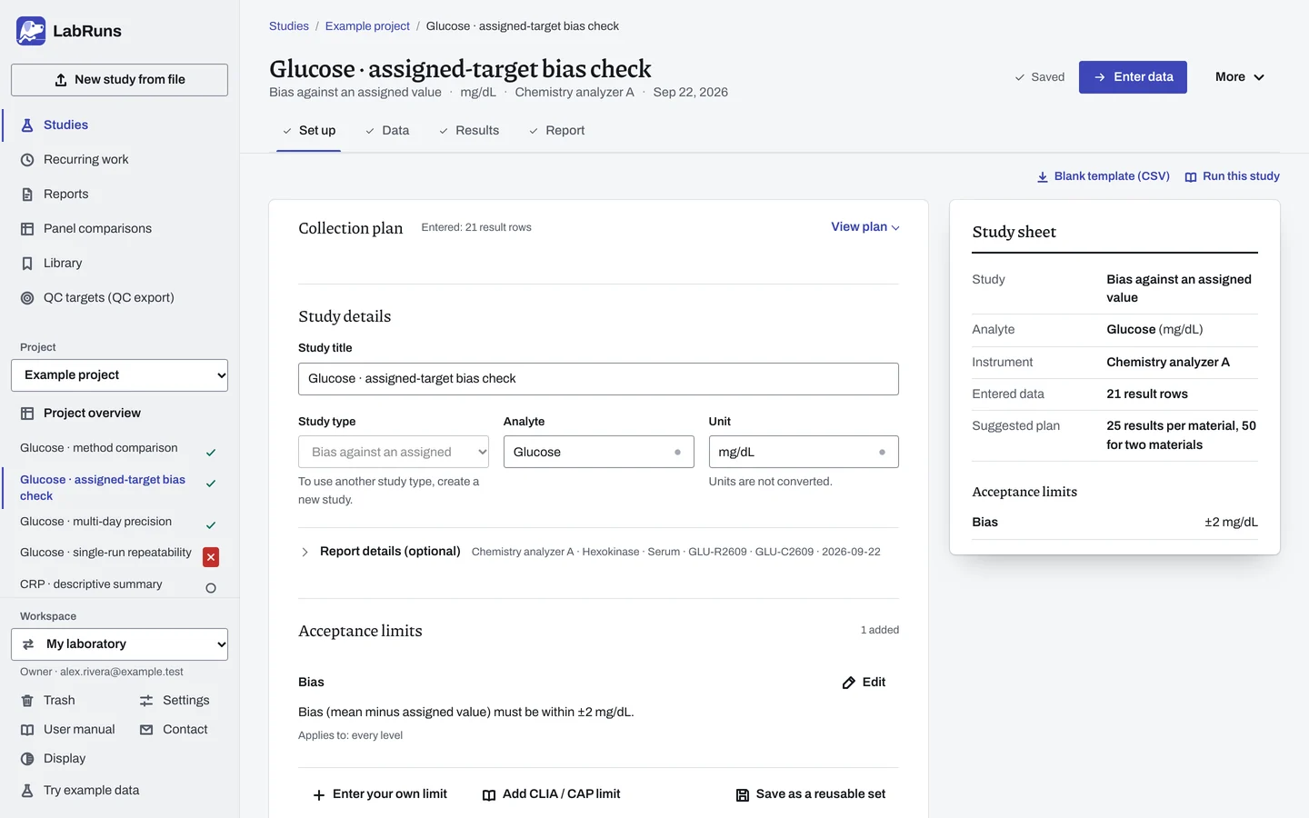 The Set up stage of the example study Glucose · assigned-target bias check in LabRuns: the study’s settings and acceptance limits.
