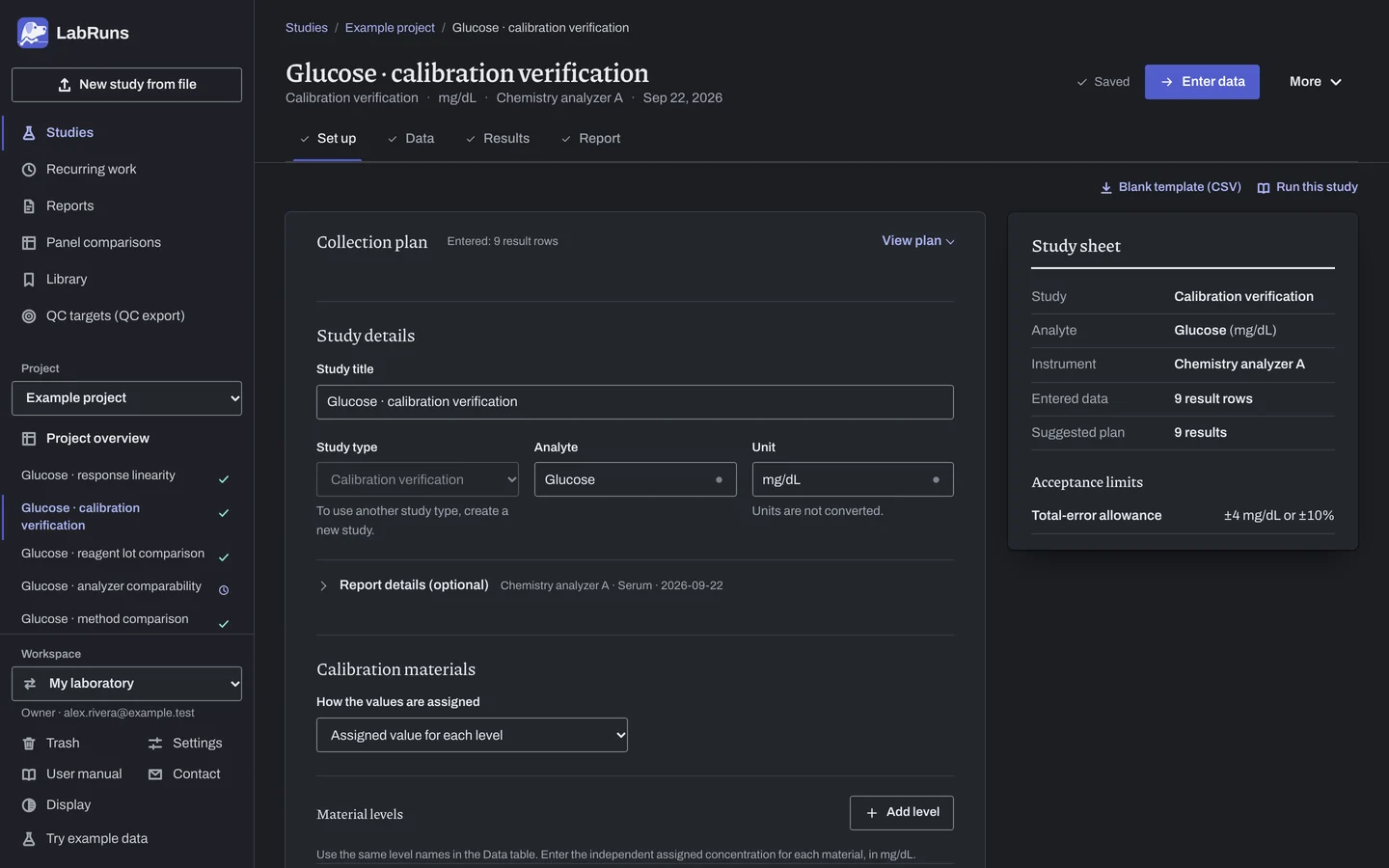 The Set up stage of the example study Glucose · calibration verification in LabRuns: the study’s settings and acceptance limits.
