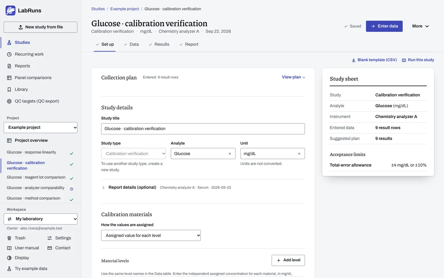 The Set up stage of the example study Glucose · calibration verification in LabRuns: the study’s settings and acceptance limits.