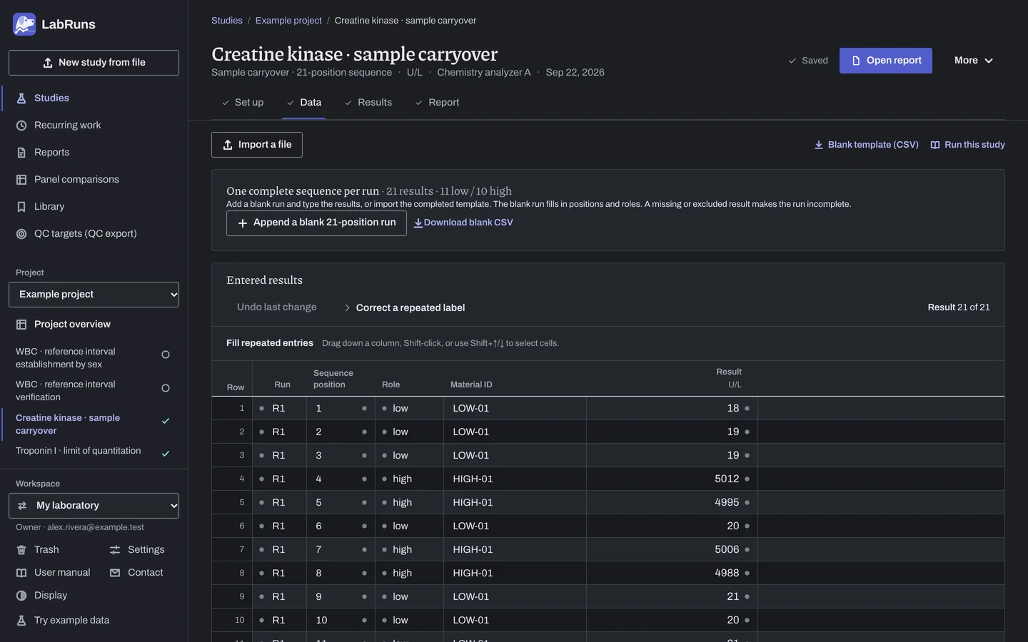 The Data stage of the example study Creatine kinase · sample carryover in LabRuns: the example results as entered.