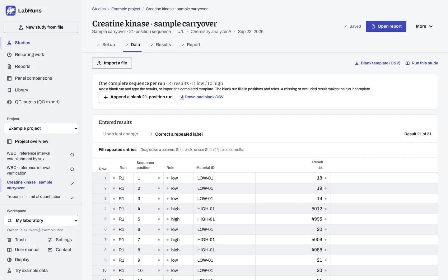 The Data stage of the example study Creatine kinase · sample carryover in LabRuns: the example results as entered.