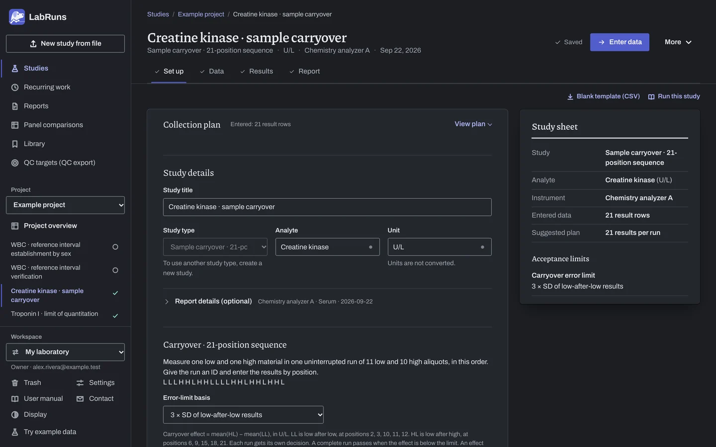 The Set up stage of the example study Creatine kinase · sample carryover in LabRuns: the study’s settings and acceptance limits.