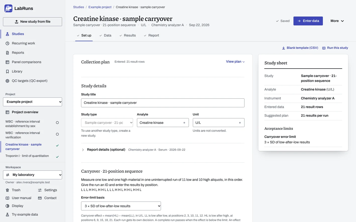 The Set up stage of the example study Creatine kinase · sample carryover in LabRuns: the study’s settings and acceptance limits.