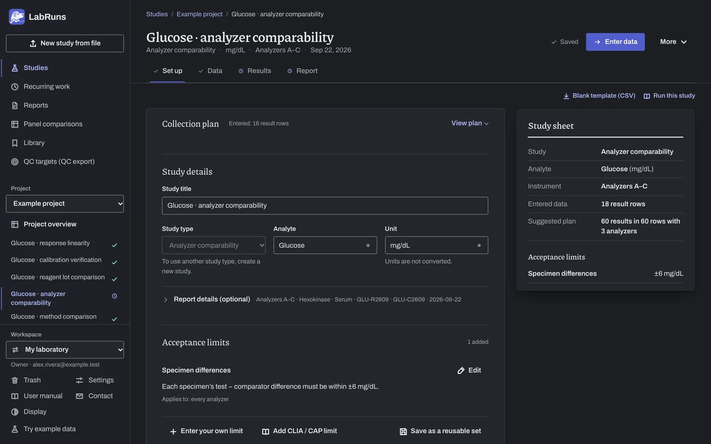 The Set up stage of the example study Glucose · analyzer comparability in LabRuns: the study’s settings and acceptance limits.