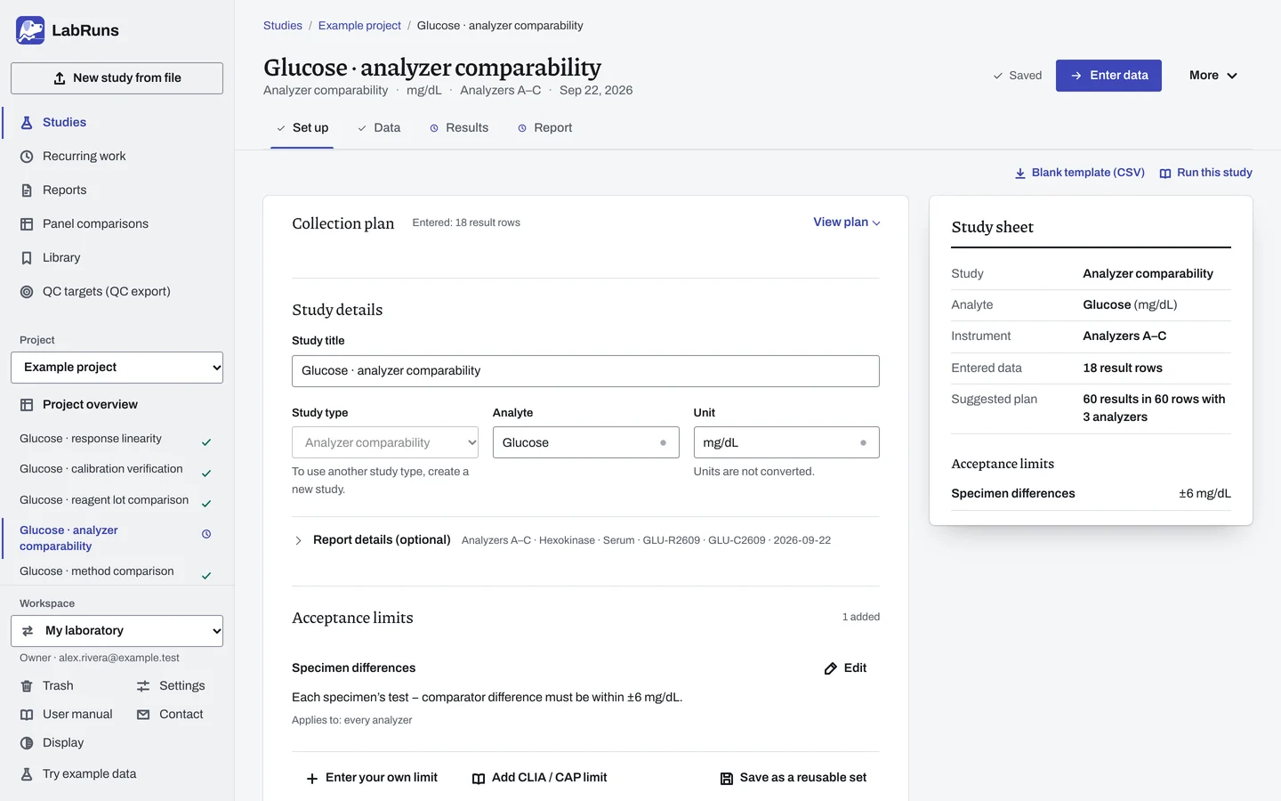 The Set up stage of the example study Glucose · analyzer comparability in LabRuns: the study’s settings and acceptance limits.