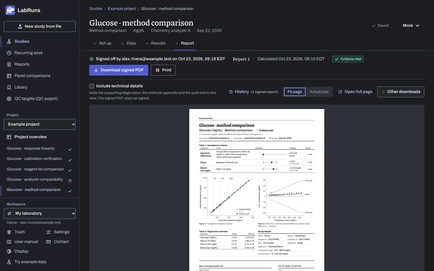 The Report stage of the example study Glucose · method comparison in LabRuns: page 1 of the study’s report.