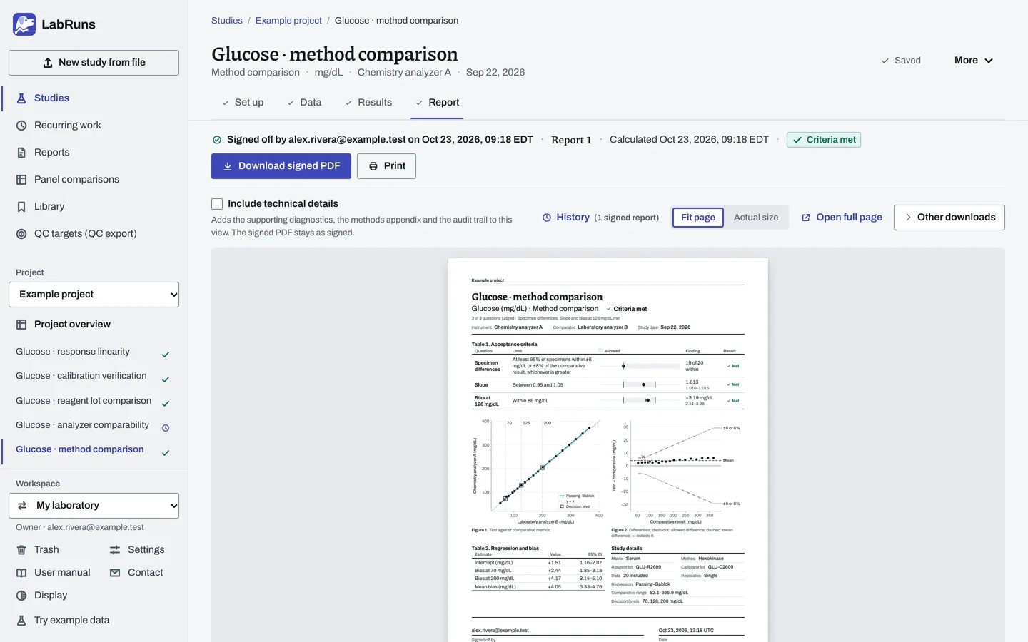 The Report stage of the example study Glucose · method comparison in LabRuns: page 1 of the study’s report.