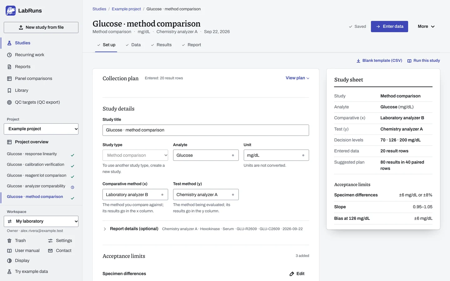 The Set up stage of the example study Glucose · method comparison in LabRuns: the study’s settings and acceptance limits.