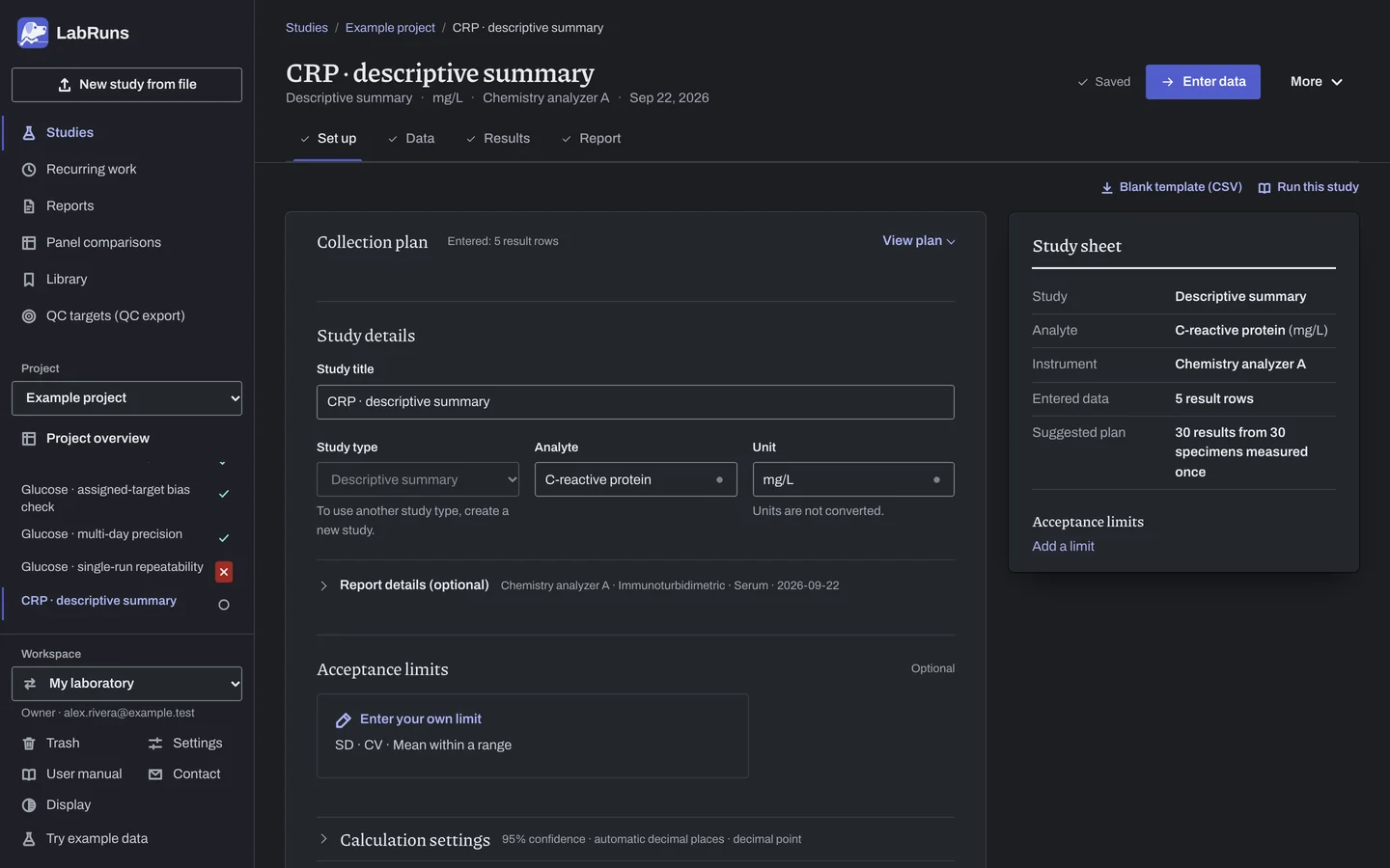 The Set up stage of the example study CRP · descriptive summary in LabRuns: the study’s settings and acceptance limits.