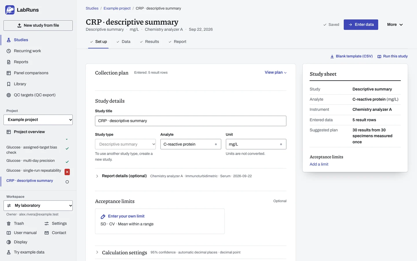 The Set up stage of the example study CRP · descriptive summary in LabRuns: the study’s settings and acceptance limits.