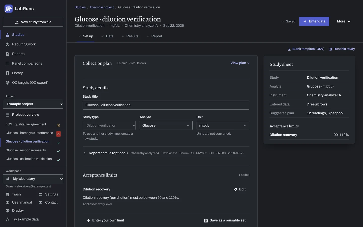 The Set up stage of the example study Glucose · dilution verification in LabRuns: the study’s settings and acceptance limits.