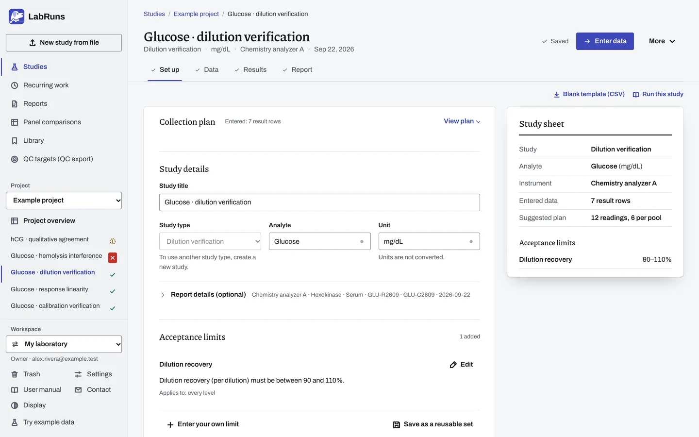 The Set up stage of the example study Glucose · dilution verification in LabRuns: the study’s settings and acceptance limits.
