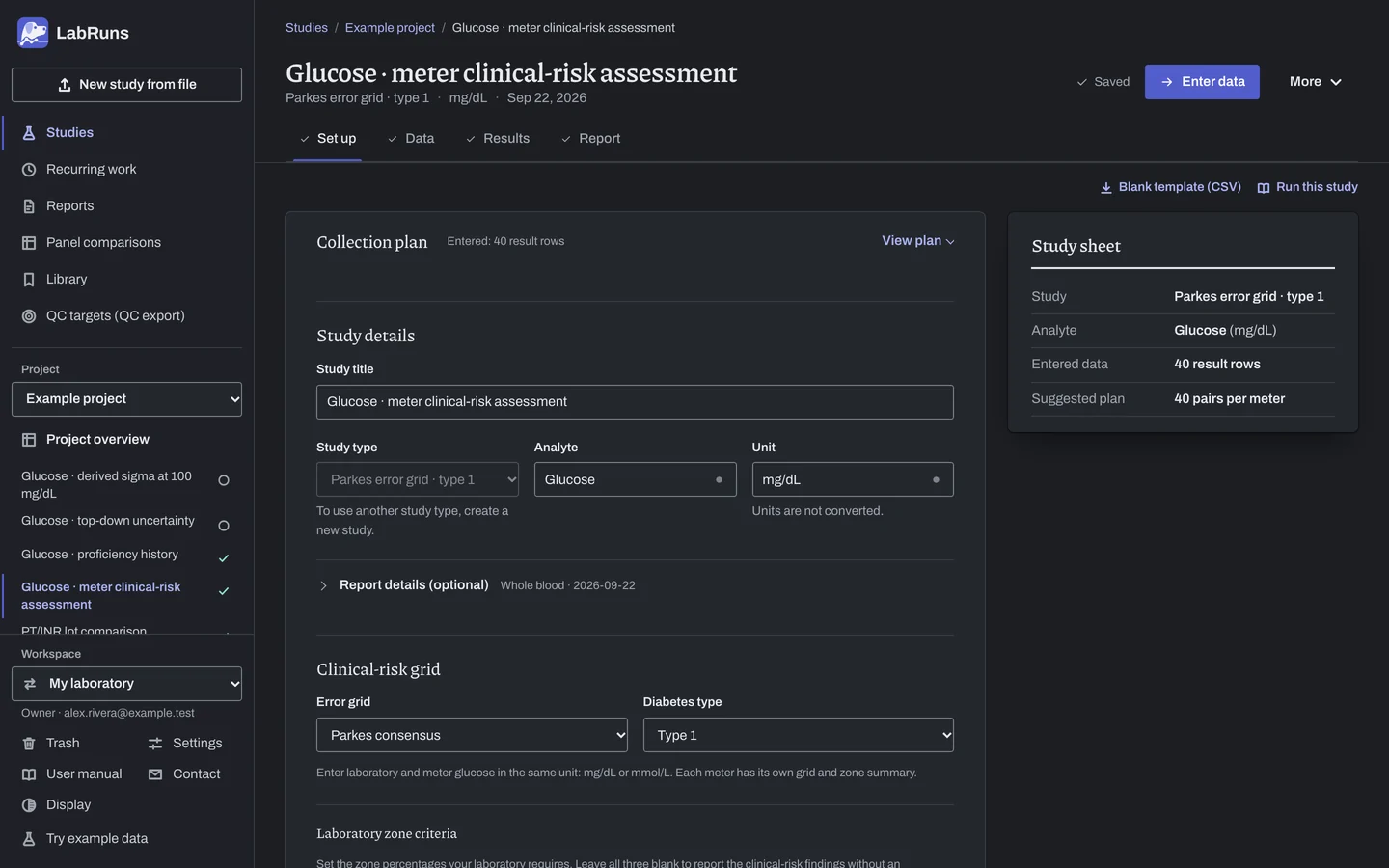 The Set up stage of the example study Glucose · meter clinical-risk assessment in LabRuns: the study’s settings and acceptance limits.