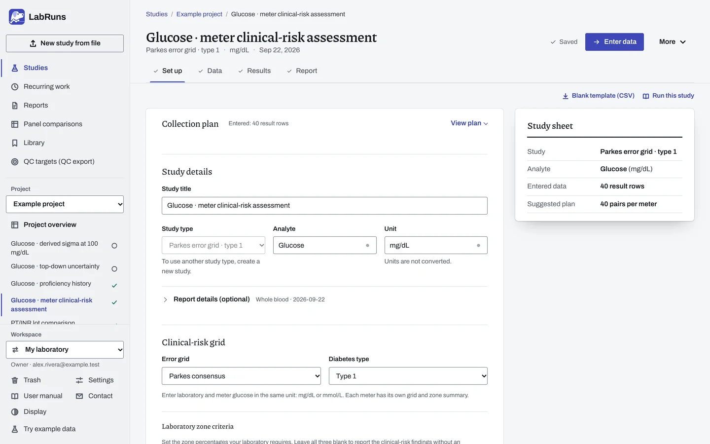 The Set up stage of the example study Glucose · meter clinical-risk assessment in LabRuns: the study’s settings and acceptance limits.